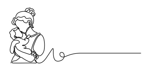 Fototapeta premium Continuous one line drawing of a mother holding a baby with full warmth, representing love and motherhood, line art style vector illustration. 