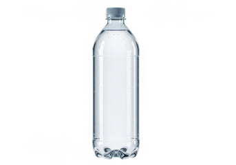 A clear plastic water bottle filled with water stands against a white background in