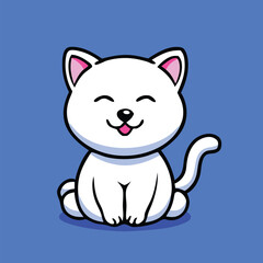 A happy, cartoonstyle white cat sits contently on a light blue background