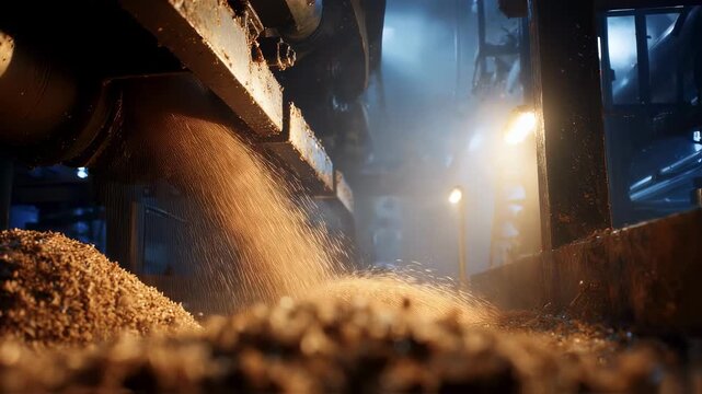 Wood chips are falling from a conveyor belt, creating a pile on the factory floor, illuminated by artificial lights, showcasing the wood processing industry and innovative production techniques