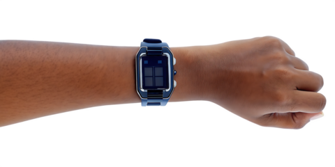 Blue digital watch on arm isolated on a transparent background screen