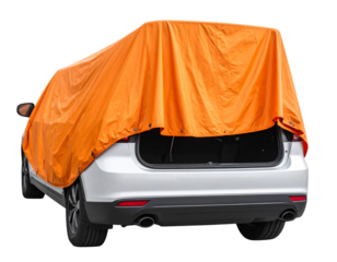 Car Covered by Orange Tarpaulin, Partially Exposed Rear Section, Isolated on Transparent Background