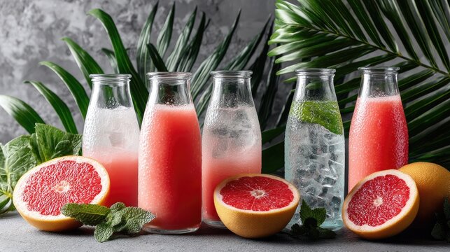 Colorful bottles filled with grapefruit drinks are arranged harmoniously alongside fresh grapefruits and mint leaves, showcasing tropical flavors in a stylish setting