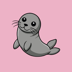 Adorable gray cartoon seal strikes a cheerful pose against a pink background