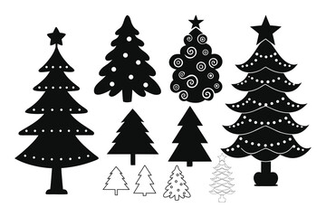 Fototapeta premium Collection of black Christmas tree silhouettes with decorations