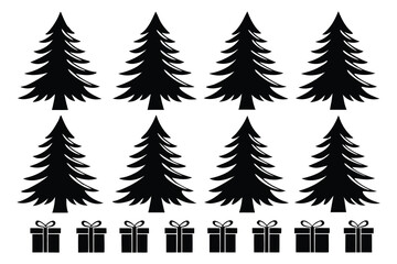 Obraz premium Eight black Christmas tree silhouettes and eight gift box silhouettes