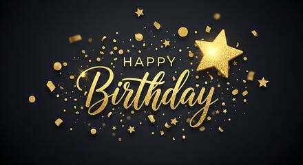 Elegant Golden Confetti and Starburst Happy Birthday Celebration Greeting