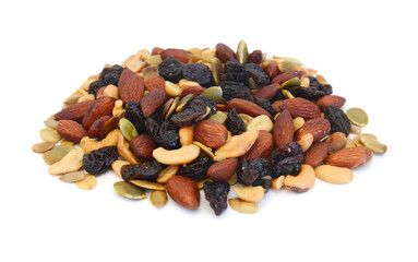 Mix nuts, dry fruits and grapes on a white background