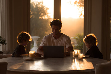 morning family time, familys morning routine includes breakfast and laptops on the table