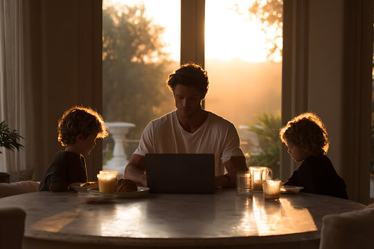 morning family time, familys morning routine includes breakfast and laptops on the table