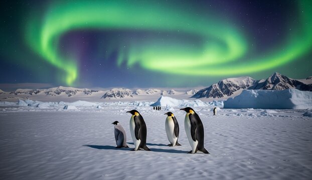 Group of penguins waddling across icy terrain under the aurora borealis, dramatic lighting and sense of isolation