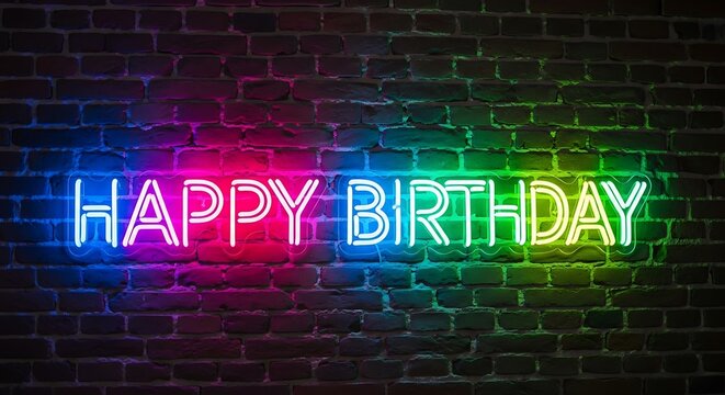 Bright Neon Happy Birthday Sign Glowing On A Textured Brick Wall