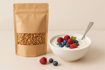 Delicious yogurt topped with fresh berries and a side of granola, ready to eat.