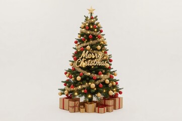 Gold-ornamented Christmas tree, gifts, white background