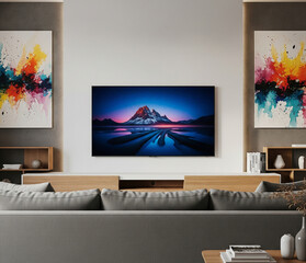 Television Screen Mockup In Artistic Interior With Abstract Wall Art