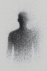A striking image of a human form breaking apart into a cloud of particles.