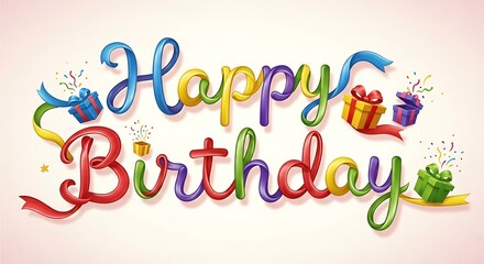 Naklejka premium Colorful Happy Birthday Celebration with Gifts and Ribbons Joyful Occasion
