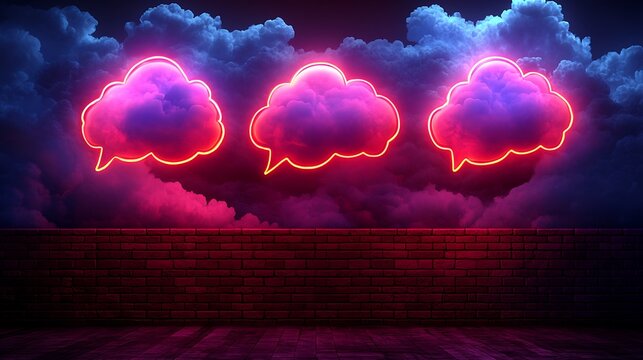 Neon cloud speech bubbles against a brick wall at night. - Powered by Adobe
