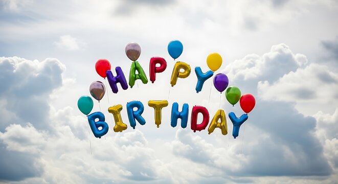 Colorful Balloons Form Happy Birthday Message Against Cloudy Sky