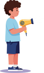 Fototapeta premium Boy holding yellow hairdryer with blue details in casual clothes standing side view vector illustration
