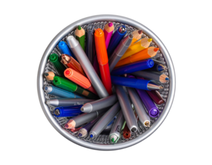 Silver Pencil Holder with Colorful Pencils and Pens, Top-Down View, Isolated on Transparent Background