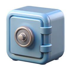 A small light blue modern safe with a shiny dial sits on a transparent background symbolizing security and financial protection