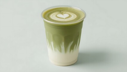 Clear plastic cup filled with two layers of matcha latte, simple background.