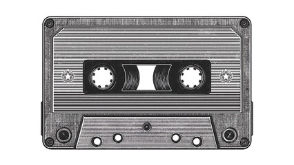 Black and white vector illustration of a cassette tape. Classic and timeless charm. On a white background.