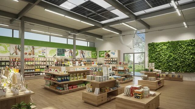 Sustainable supermarket interior design featuring green wall and eco friendly solar panels