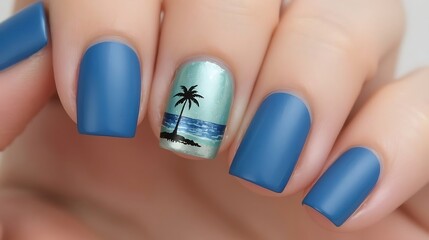 Summer nail design in sea blue. The center nail features a sea pattern, palm trees, and metallic blue sand beach.