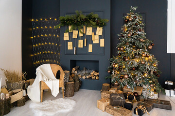 Beautiful holdiay decorated room with Christmas tree with presents under it