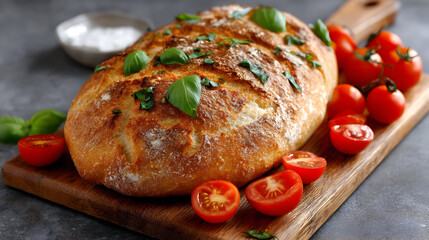 Rustic bread sits on a cutting board surrounded by vibrant cherry tomatoes and basil leaves