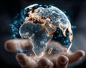 Human hand holding a hologram Earth Planet