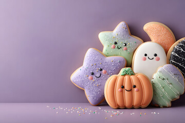 Halloween cookies in pumpkins, ghosts and stars shape. decorated with icing on pastel purple background with large copy space. Halloween dessert sweet treat for holiday party celebration.