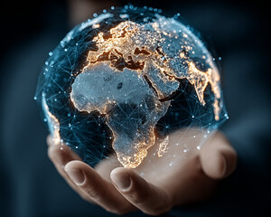 Human hand holding AI digital interface Earth Globe with blue glow