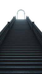 Ascending staircase leading to a radiant archway against an opaque isolated backdrop