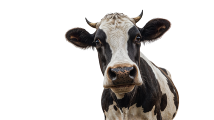 Intriguing portrait of a Holstein cow with unique markings against transparent setting