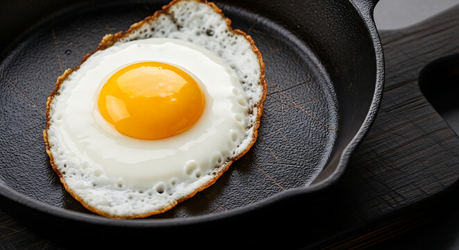 A sunny side up egg in a cast iron skillet with a bright yellow yolk and crispy white edges closeup view