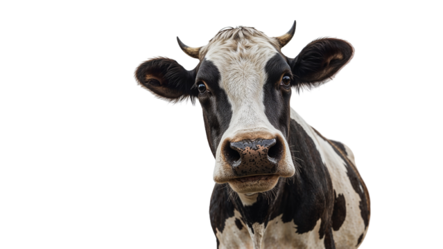 Intriguing portrait of a Holstein cow with unique markings against transparent setting