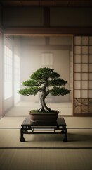 A beautiful bonsai tree on a display table in a serene traditional japanese room