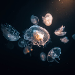 Glowing Jellyfish in Deep Ocean