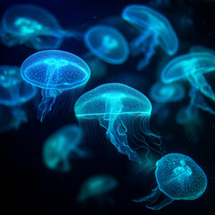An extraordinary shot of a group of glowing bioluminescent jellyfish.