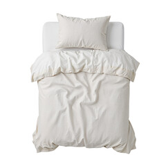 Cozy bedroom scene with neatly arranged white bedding and pillow on a made bed