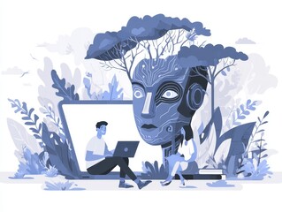 AI-powered teaching solutions. Intelligent tutoring systems and personalized learning. Man using laptop computer to learn with artificial intelligence tutor