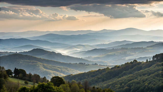 Landscape scenic view rolling hills mountains valleys moody sky dramatic clouds hazy atmosphere golden hour