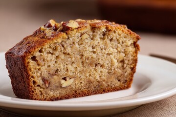 Fototapeta premium Vegan Banana Bread Slice with Nuts on White Plate, Brown Background
