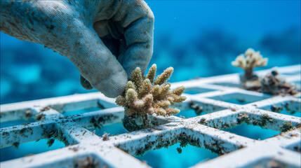 A close-up of a gloved hand planting a coral fragment in the ocean.