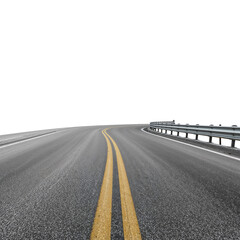 Winding asphalt road perspective with prominent yellow lines, creating a sense of journey,
