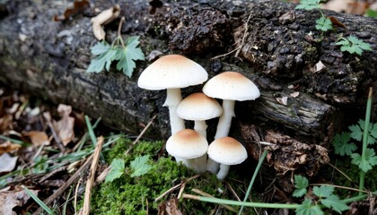 Group of mushrooms growing on a log in a forest setting  