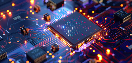 Nahaufnahme eines leuchtenden Mikrochips auf einer Platine – futuristische KI-Technologie